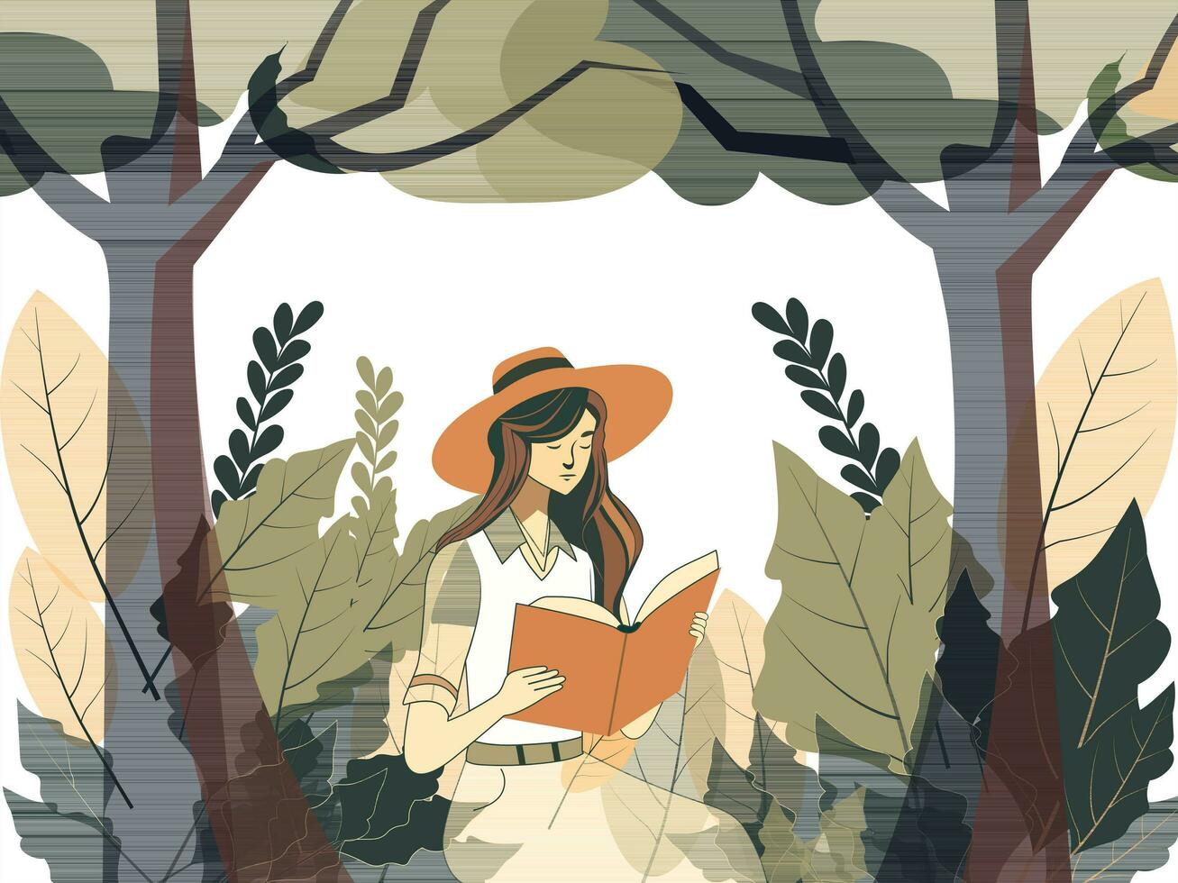 Fashionable Teenage Girl Character Reading The Book On Nature Background. vector