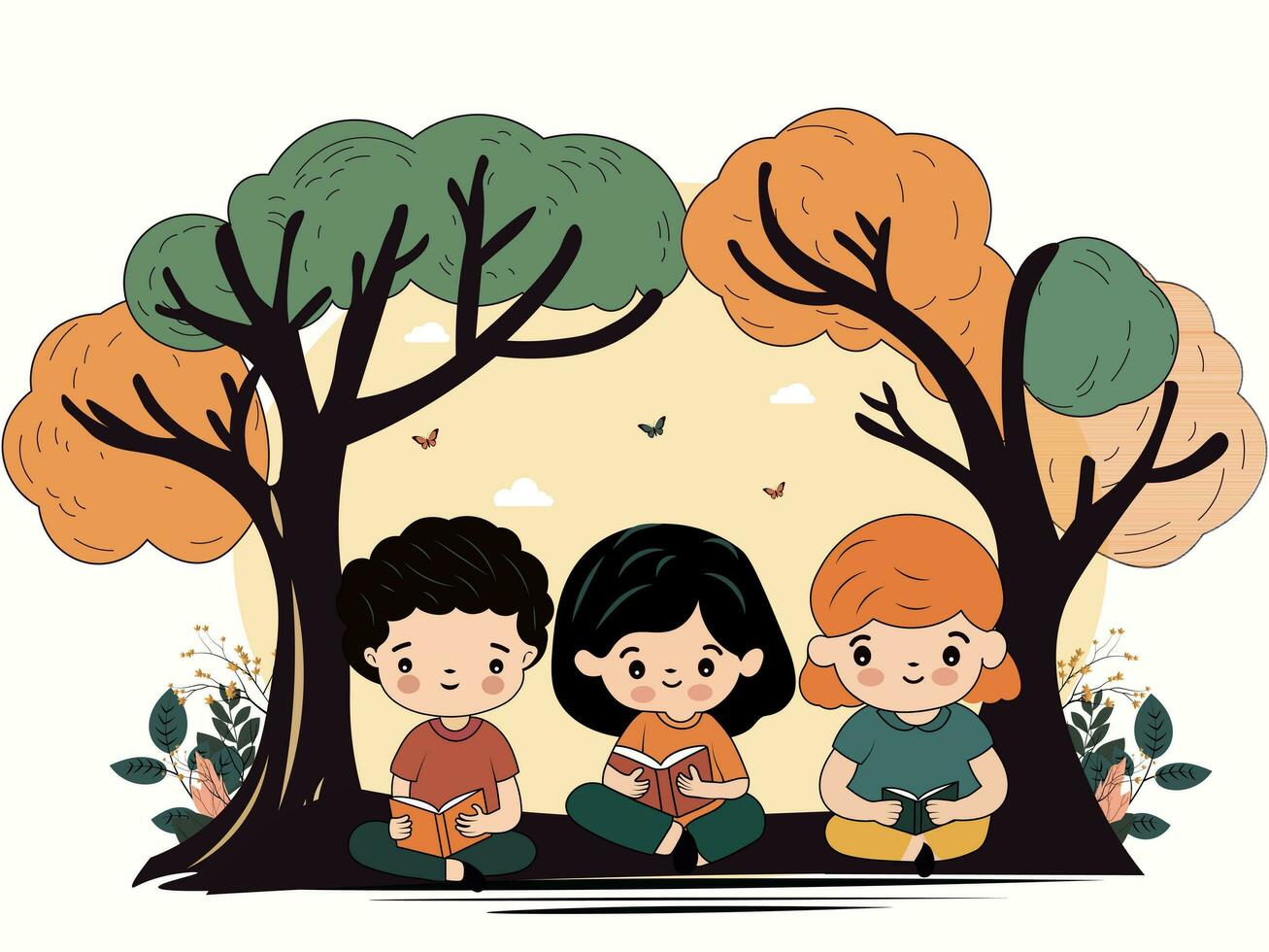 Children Sitting Under The Tree And Reading Books On Nature Background. vector