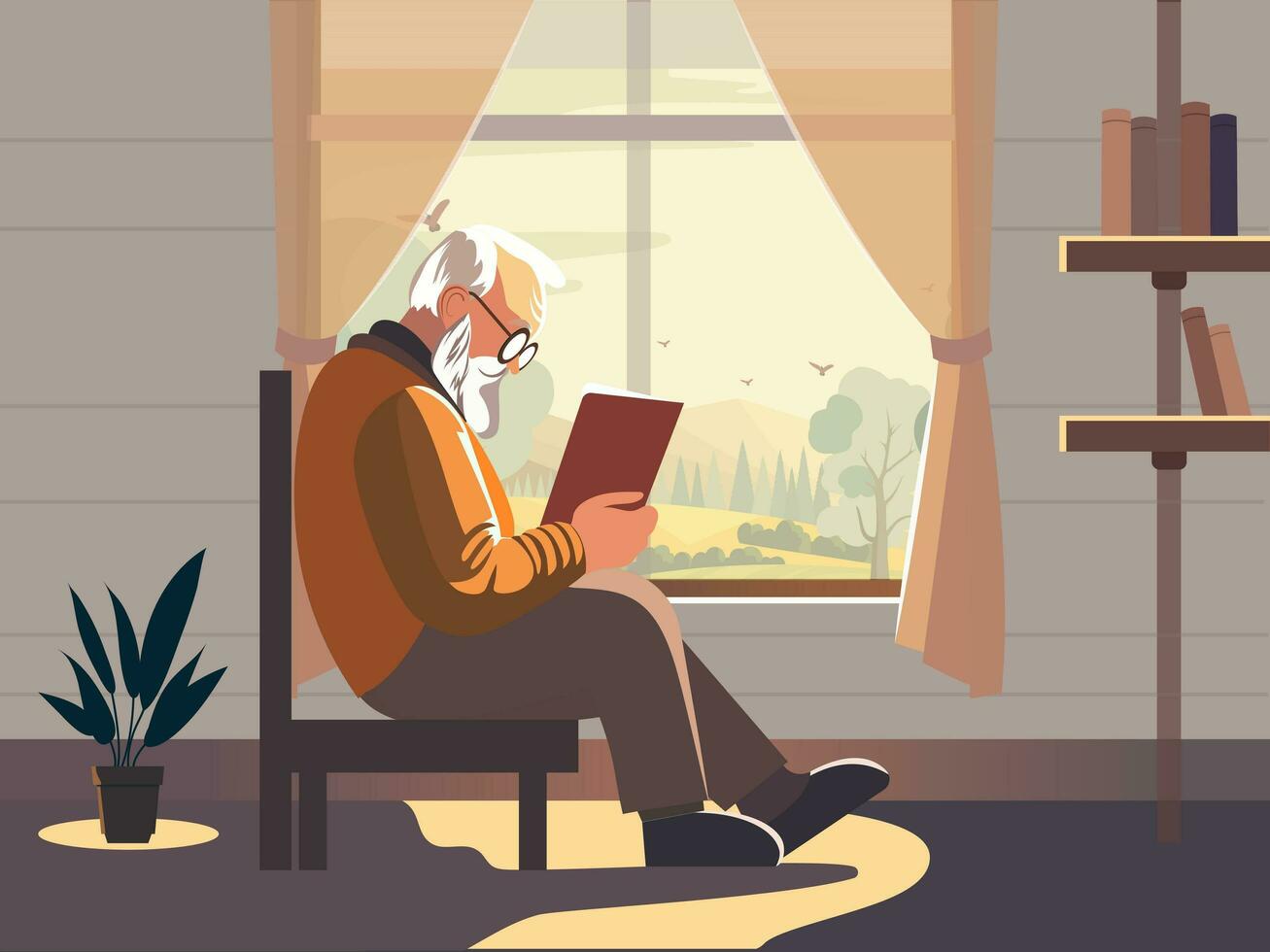 Elderly Man Character Reading Book On Chair With Bookshelves, Curtains And Nature Landscape Through Window. vector