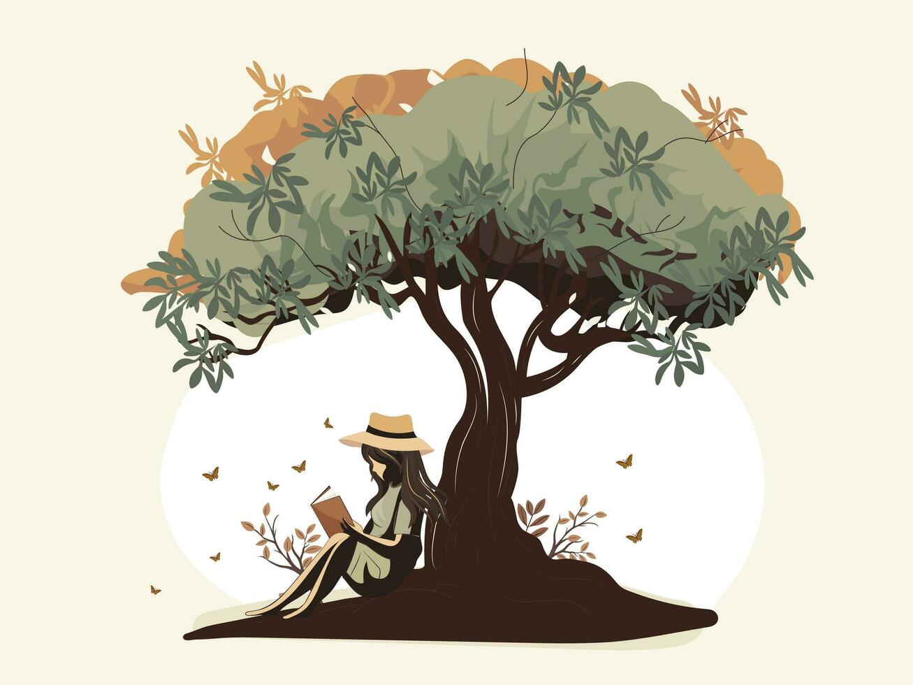 Vector Illustration of Young Girl Reading A Book Under The Tree On White Background.