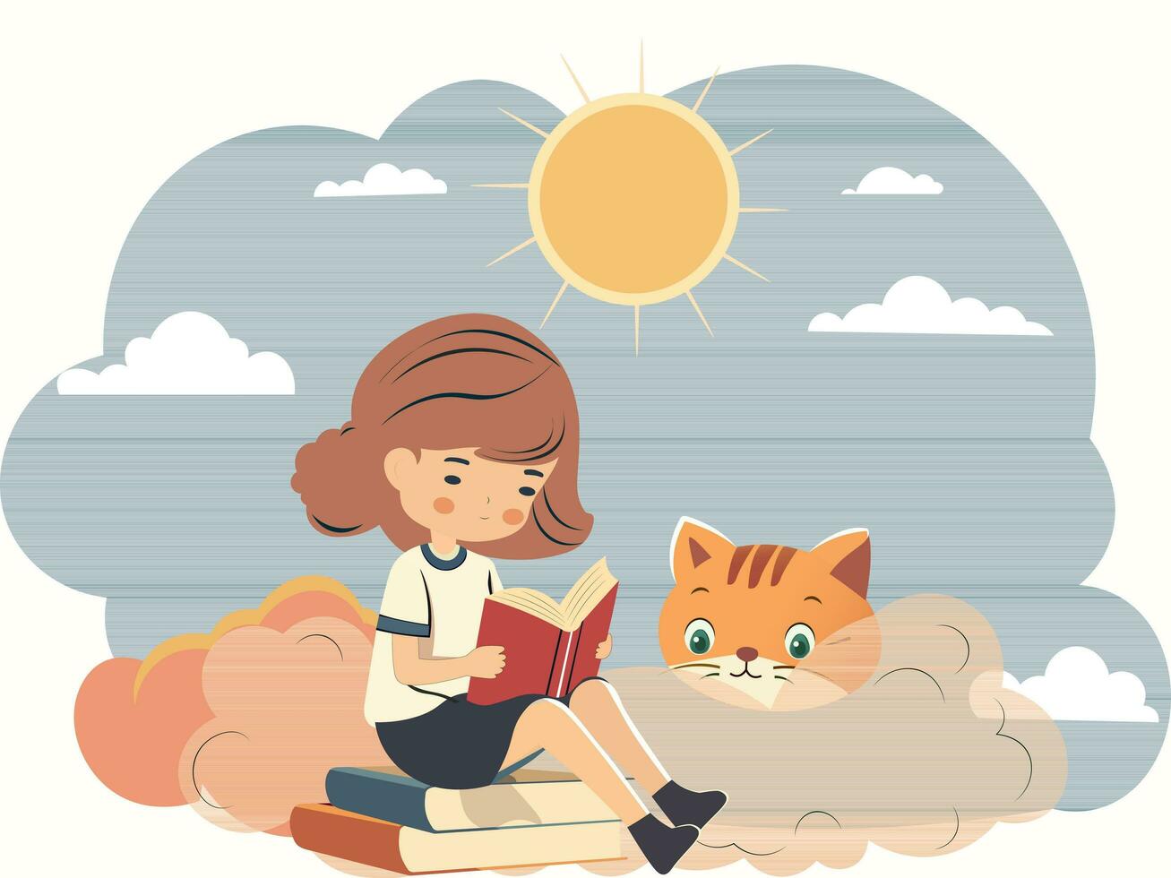 Young Girl Character Reading A Book At Stack of Books With Cute Cat, Clouds On Sun Slate And White Background. vector