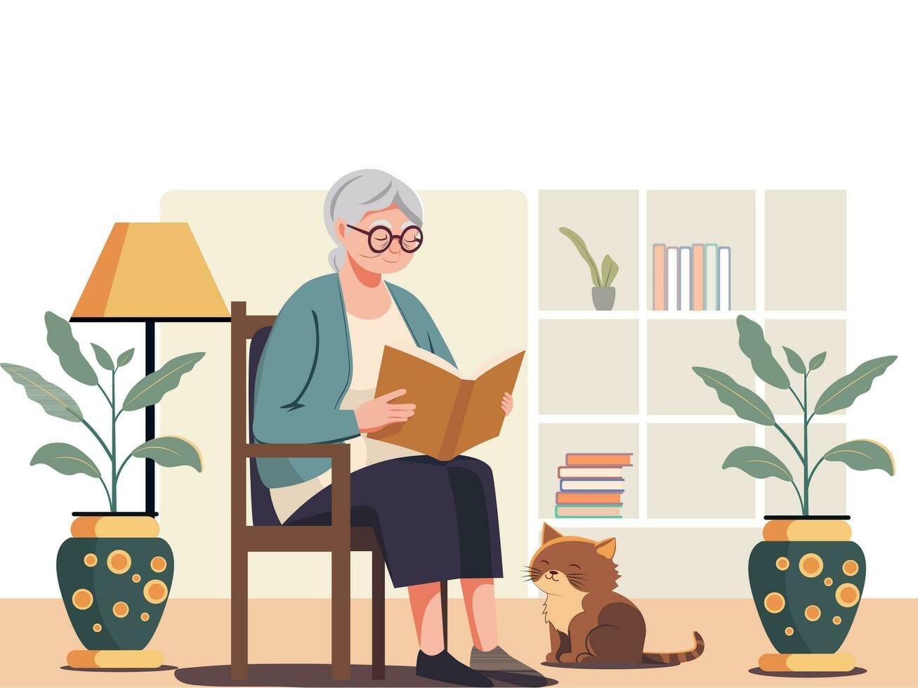 Elderly Woman Character Reading A Book On Chair With Adorable Cat, Plant Vase, Floor Lamp And Shelves Over Background. vector
