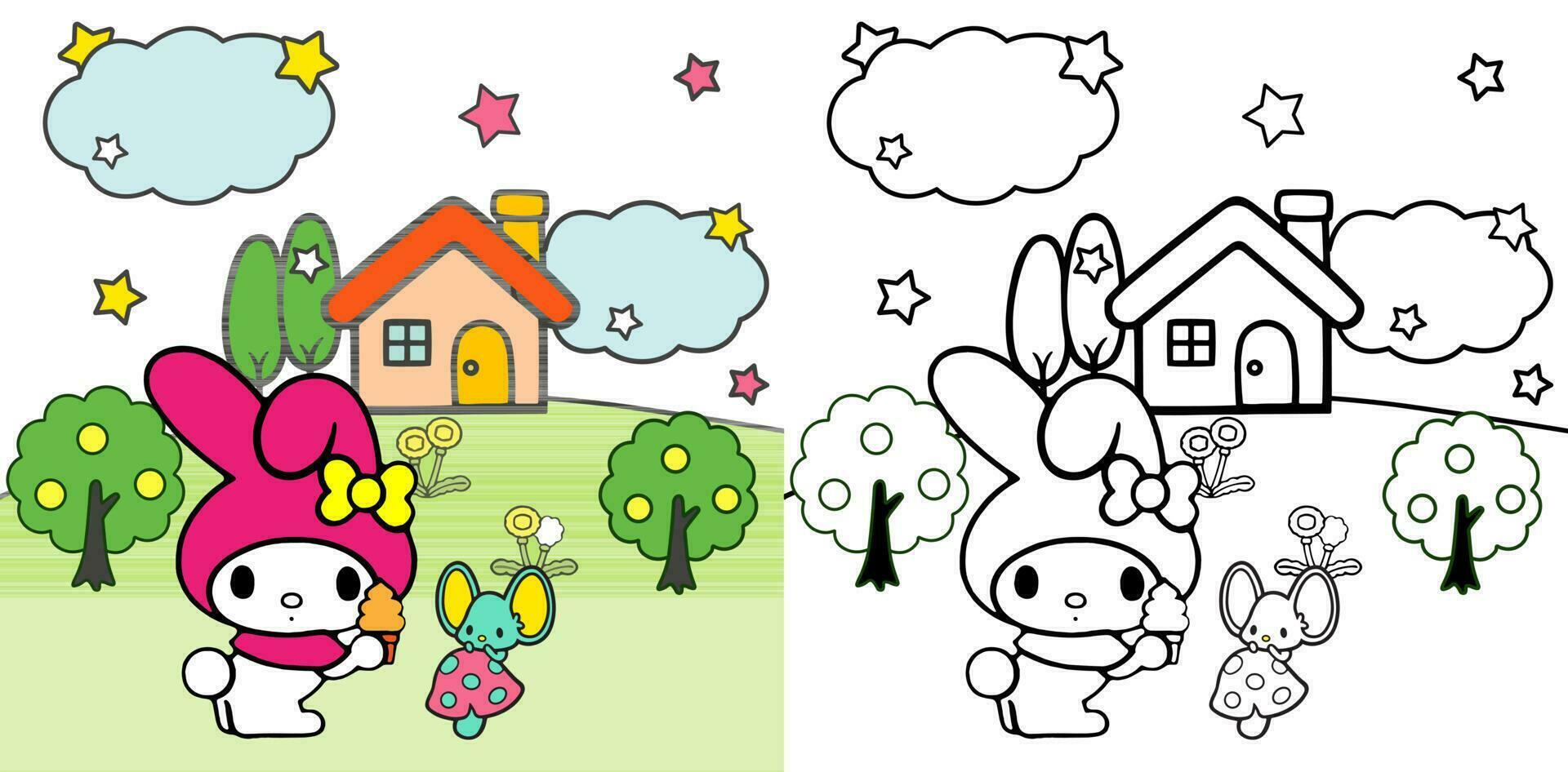 vector ilustración linda dibujos animados animales en vistoso jardines negro blanco y color versiones para colorante libro niños, dibujo paginas cubrir, pantalla impresión camisas, imprimible ropa materiales, cubiertas