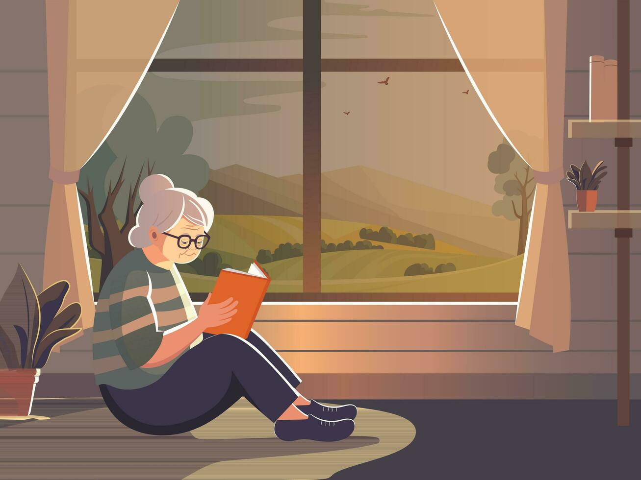 Elderly Woman Character Reading A Book With Plant Vase On Mountain Landscape View Through Window And Curtain. vector