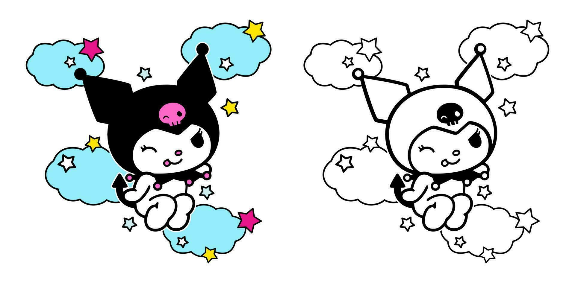 Vector illustration Cute cartoon doodle kawaii kitty flying in the clouds for Coloring book children, drawing pages cover, screen printing shirts, printable clothing materials, Presentation and decks