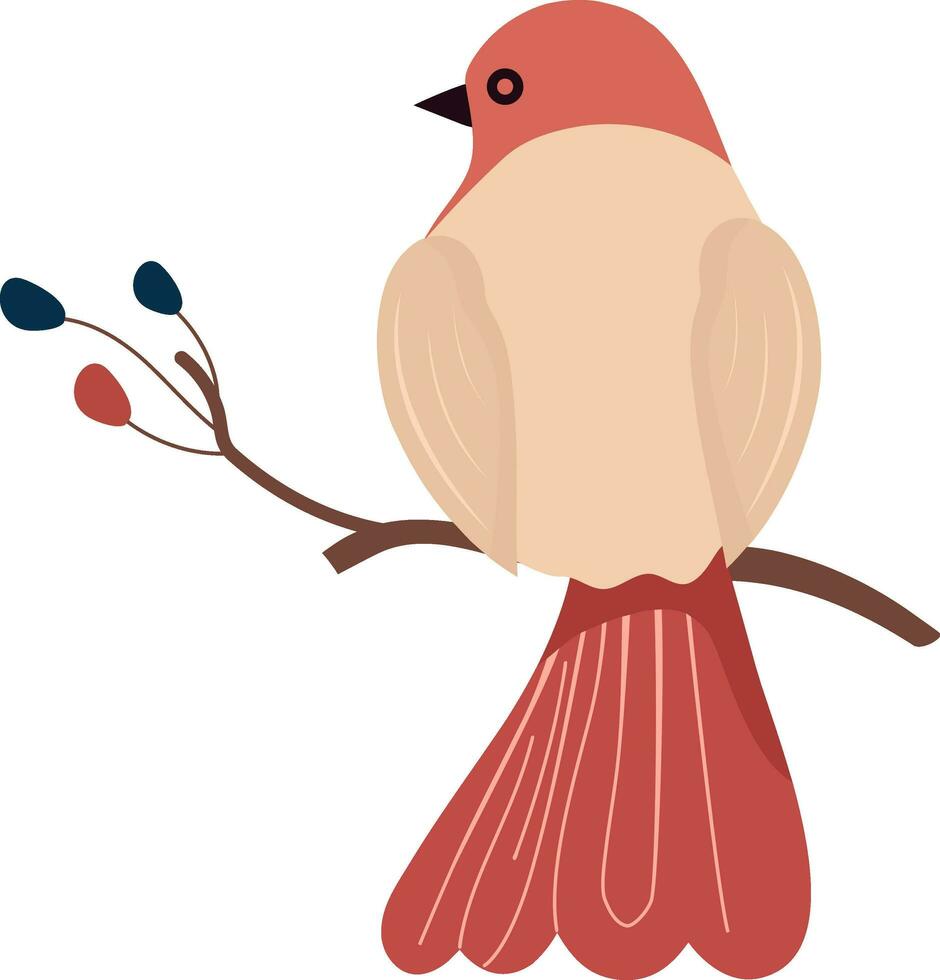 Peach Bird Sitting On Floral Branch Icon In Flat Style. vector