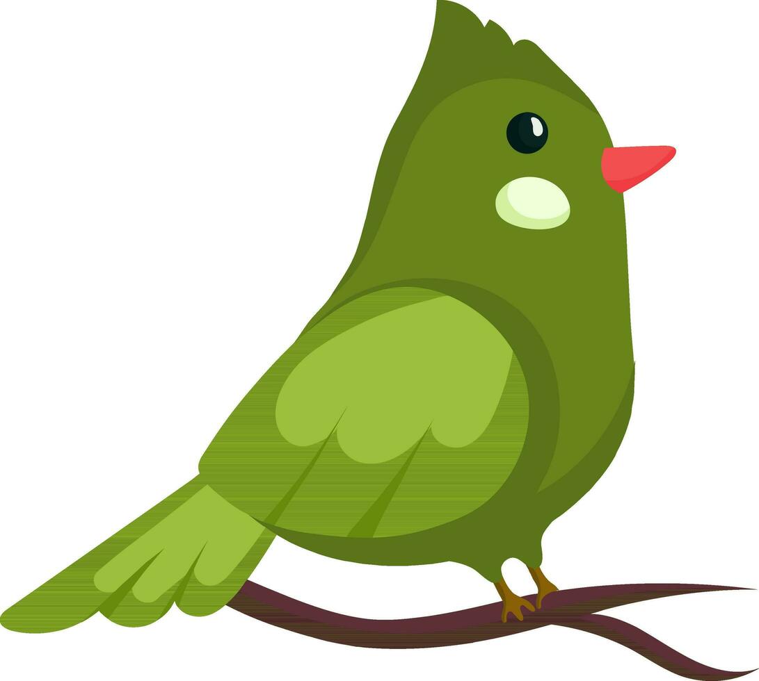 personaje de cresta pájaro sentado en rama icono en verde color. vector