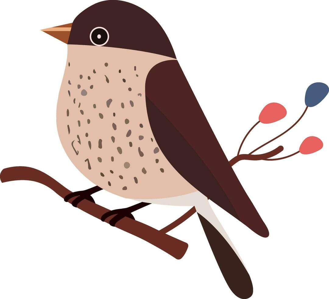 Sparrow Bird Sitting On Floral Branch Icon In Brown Color. vector