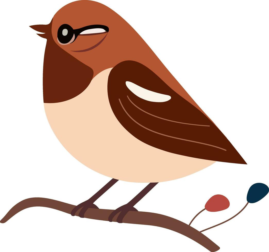 Cute Brown Bird Sitting On Floral Branch Icon In Brown And Peach Color. vector