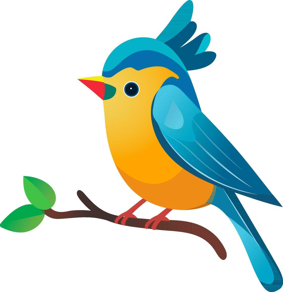 Yellow And Blue Bird Sitting On Branch Icon In Flat Style. vector