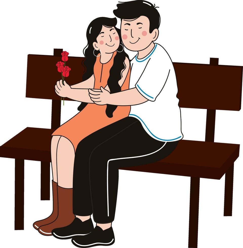 Embracing Young Couple Character With Holding Roses At Bench. vector