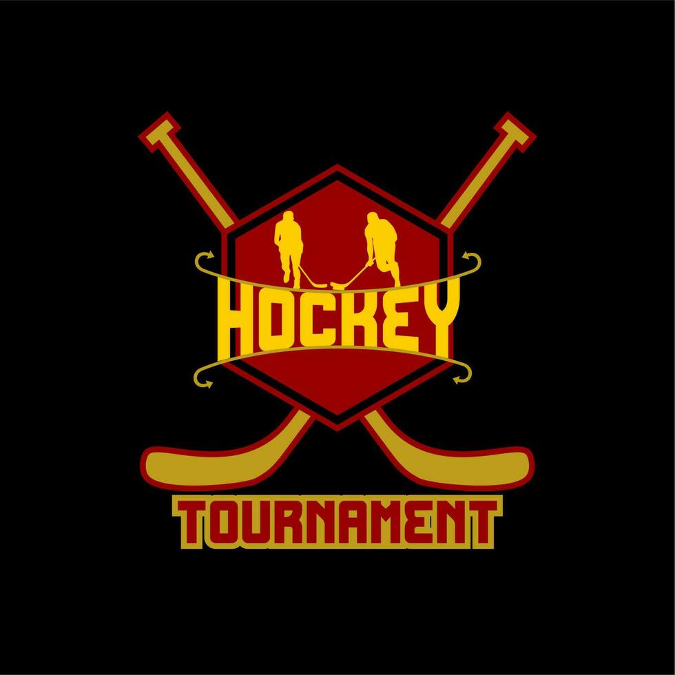 Hockey tournament logo template. With hockey player silhouette,logo on black background. Vector illustration