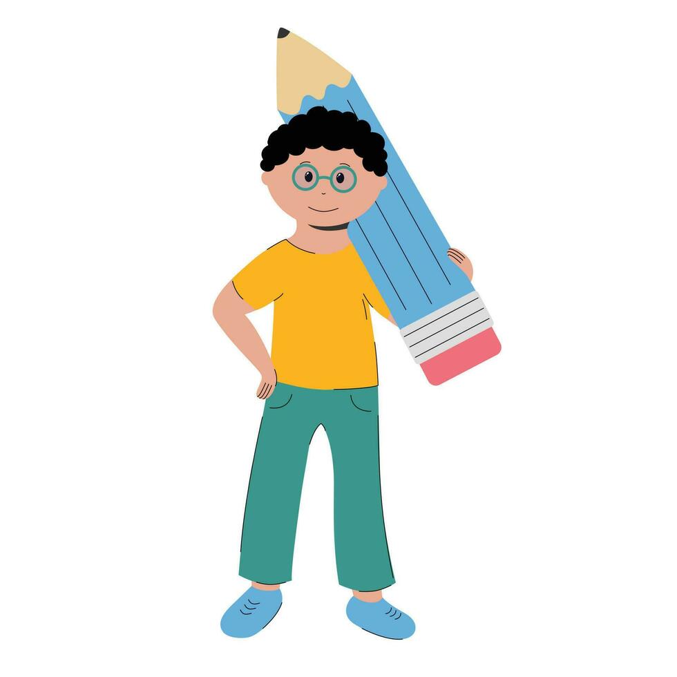 Boy With a Pencil on His Shoulder. Flat Illustration. vector