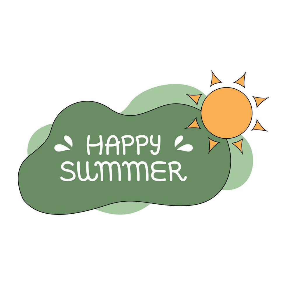 The Inscription Happy Summer on a Green Background with the Sun. Flat Cartoon Style. Lettering. vector