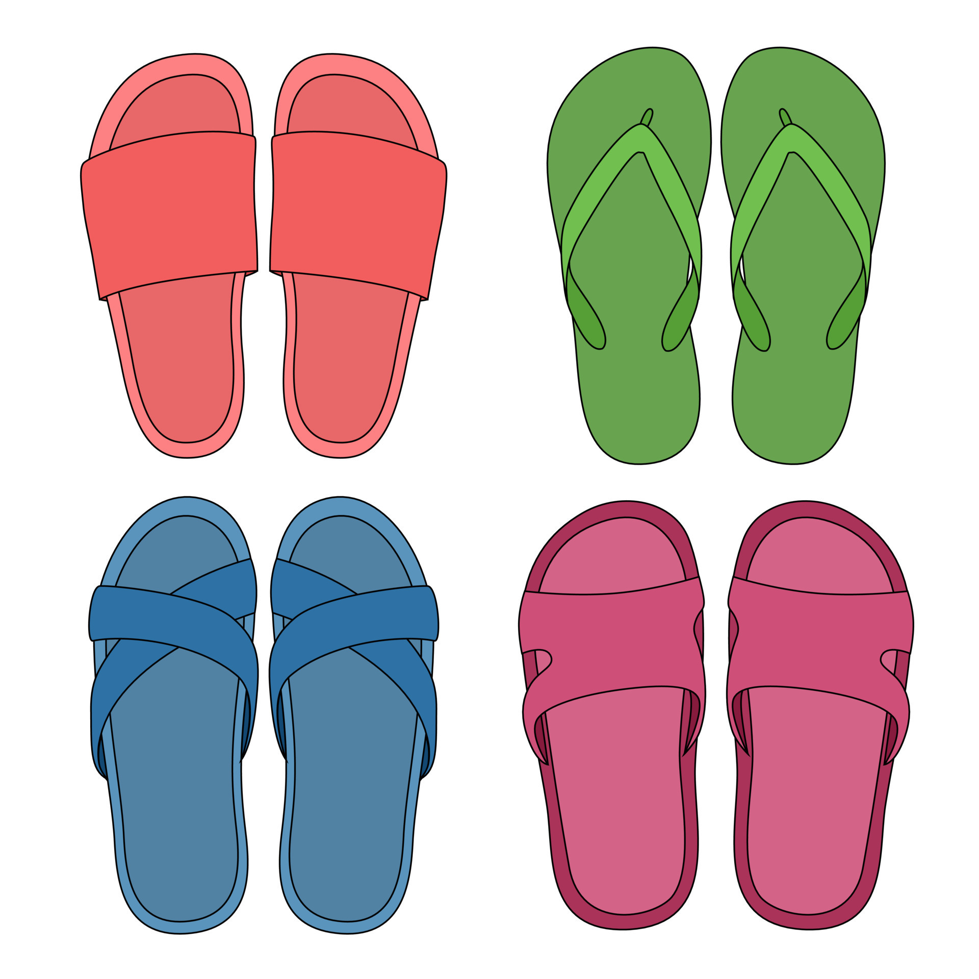A Set of Slippers of Different Colors Shapes and Types. Flat