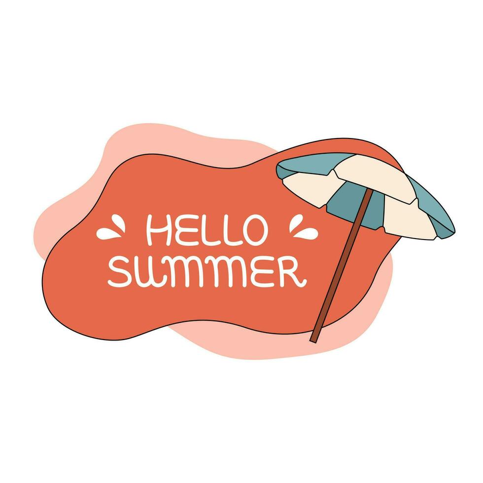 The Inscription Hello Summer on a Red Background and an Umbrella Next to it. vector
