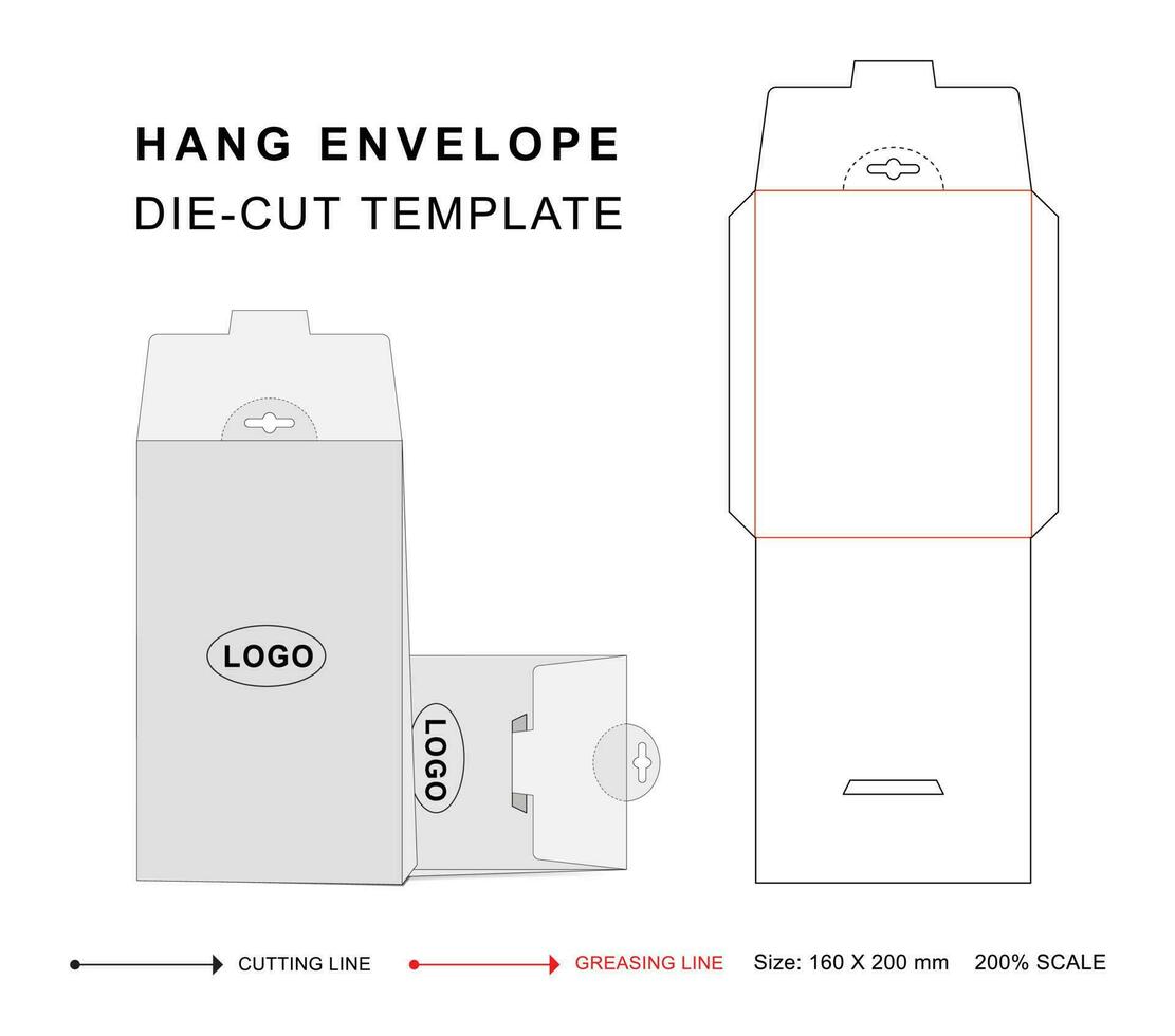 Hang envelope die cut template, White envelope mock-up vector