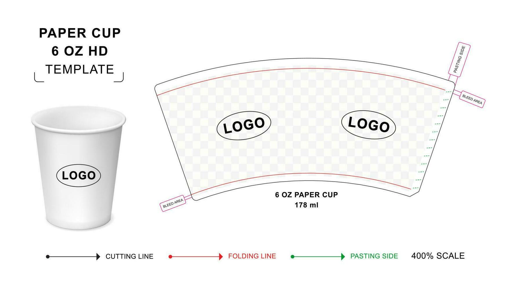 Paper cup die cut template for 6 oz HD, Hot drink paper cup mockup, paper cup curved template vector