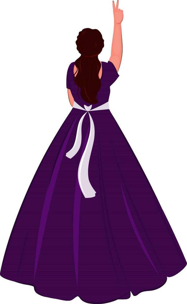 Rear View of Young Woman Wearing Purple Gown With Showing Peace Sign In Standing Pose. vector