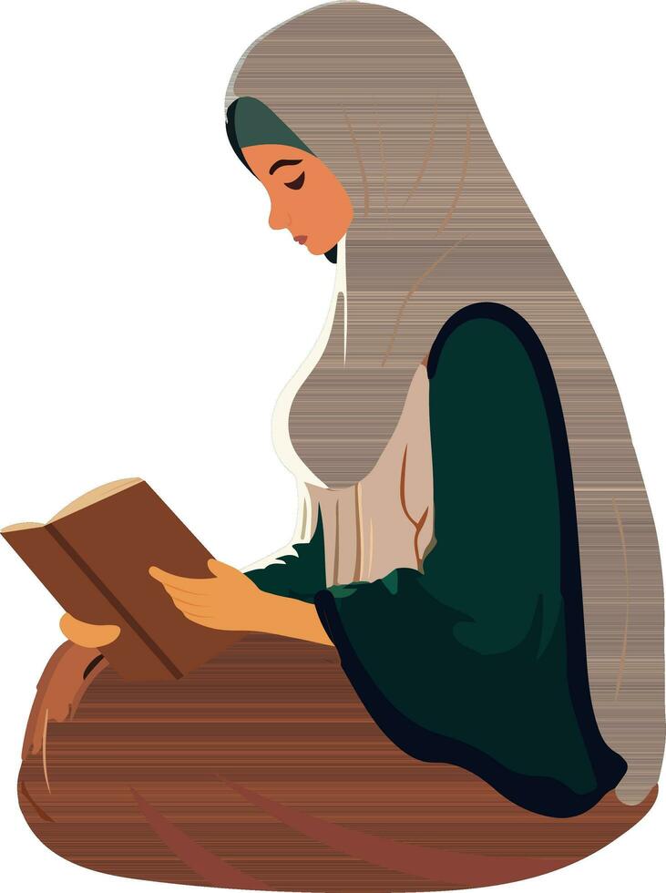 Illustration of Young Muslim Woman Reading Quran Book In Sitting Pose. vector