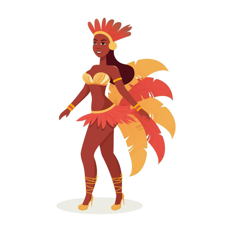 hermosa joven hembra vistiendo pluma disfraz en en pie pose. carnaval o samba danza concepto. vector