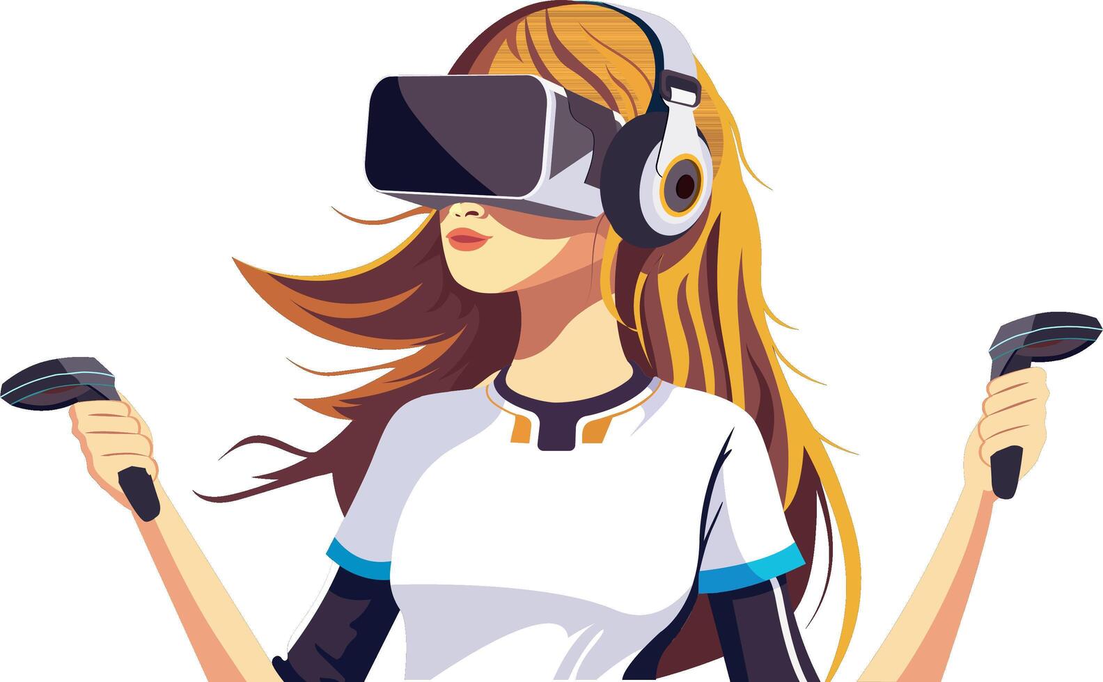 adorable personaje de joven niña vistiendo vr auriculares con sostener controladores generativo ai ilustración. vector