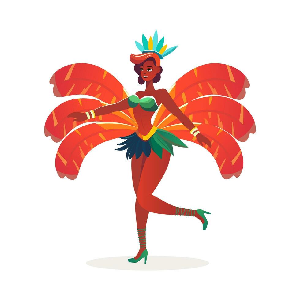 hermosa joven hembra vistiendo pluma disfraz en bailando pose. carnaval o samba danza concepto. vector