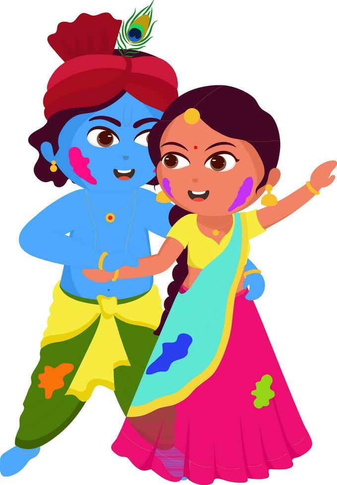 ilustración de pequeño señor Krishna bailando con diosa radha personaje en festival de hola vector