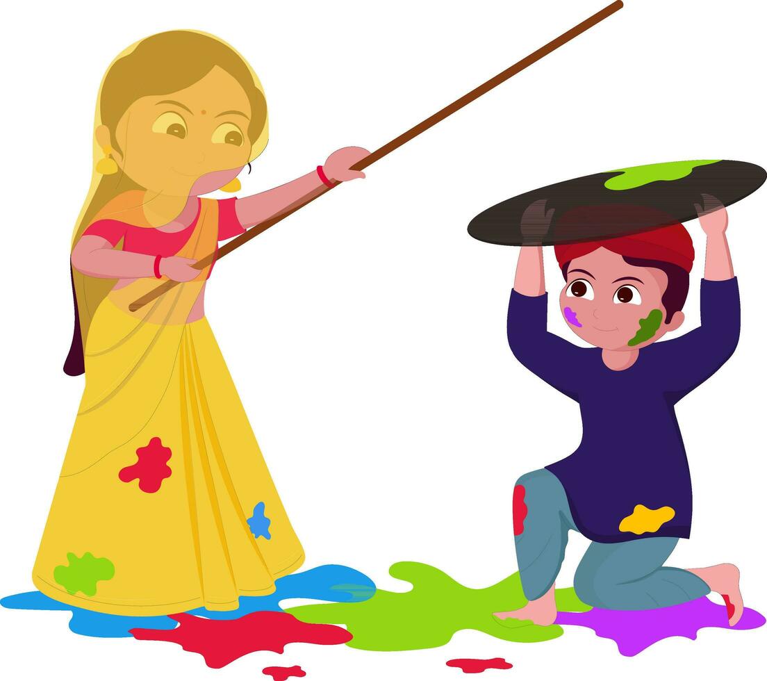 Cute Couple Character Presenting Lathmar Holi On Colourful Splash Background. vector