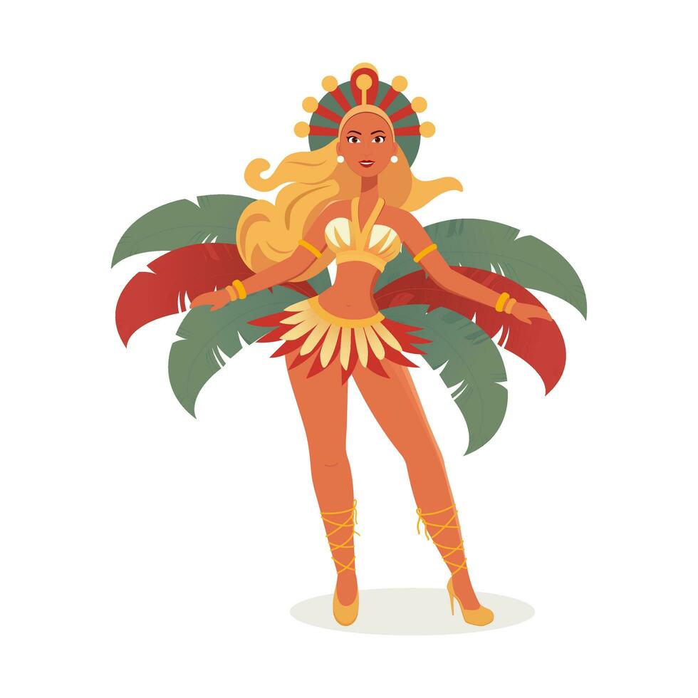 hermosa joven hembra vistiendo pluma disfraz en bailando pose. carnaval o samba danza concepto. vector