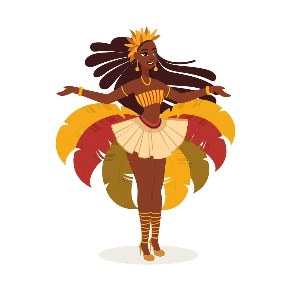 Beautiful Young Female Wearing Feather Costume In Dancing Pose. Carnival or Samba Dance Concept. vector