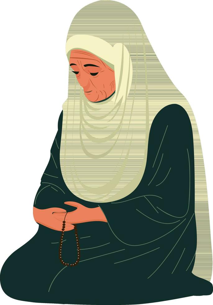 Old Muslim Woman Character Holding Tasbih In Sitting Pose. vector