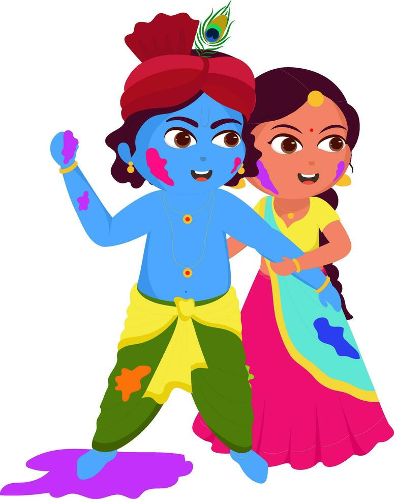 travieso pequeño señor Krishna y radha jugando con colores en el ocasión de holi festival. vector