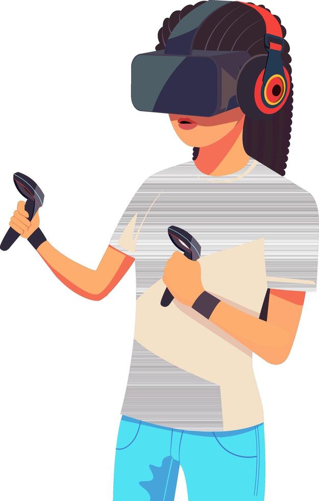 adorable personaje de joven niña vistiendo vr auriculares con sostener controladores generativo ai ilustración. vector