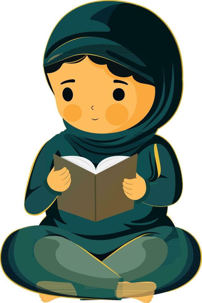 Illustration of Young Muslim Woman Reading Quran Book In Sitting Pose. vector