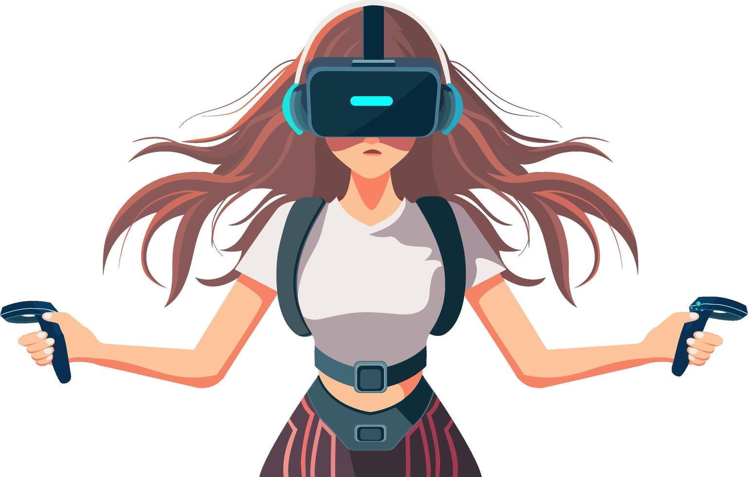 adorable personaje de joven niña vistiendo vr auriculares con sostener controladores generativo ai ilustración. vector