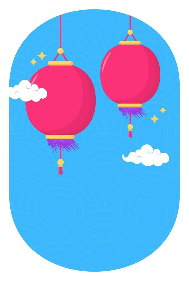 Flat Style Chinese Lantern Hang With Clouds On Blue Semi Circles Oval Background. vector