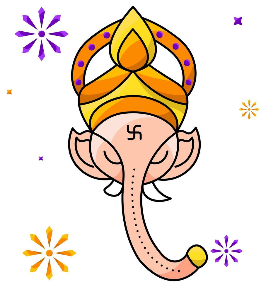 Sticker Style Ganesha Face Against Fireworks Background. vector