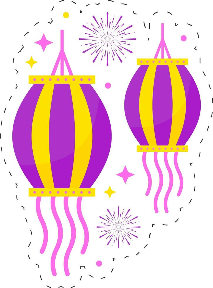 Purple And Yellow Kandils Hang With Fireworks Background In Sticker Style. vector