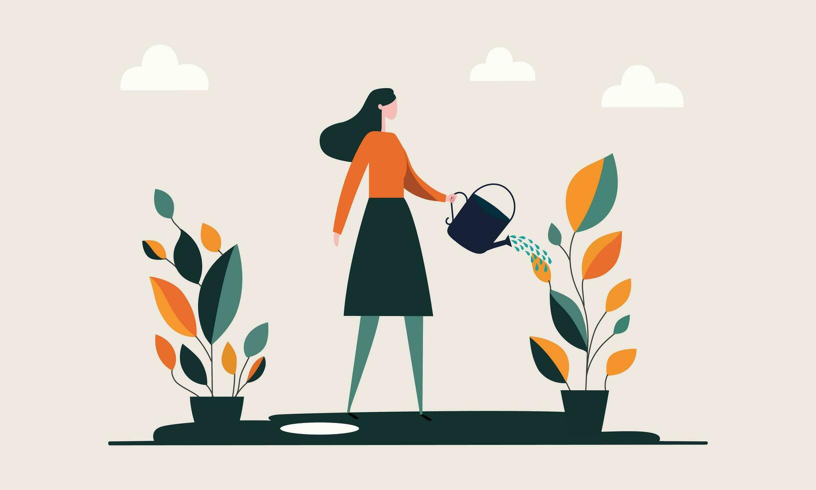 Cartoon Young Woman Character Pouring Water To Plants From A Watering Can On Beige Background. vector