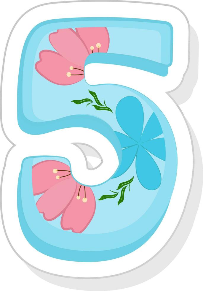 Blue Floral 5 Number Icon In Sticker Style. vector