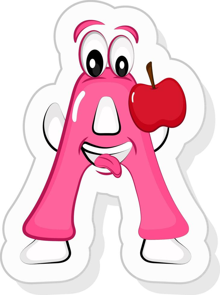 Pink A Alphabet Cartoon Character Holding Apple Icon In Sticker Style. vector