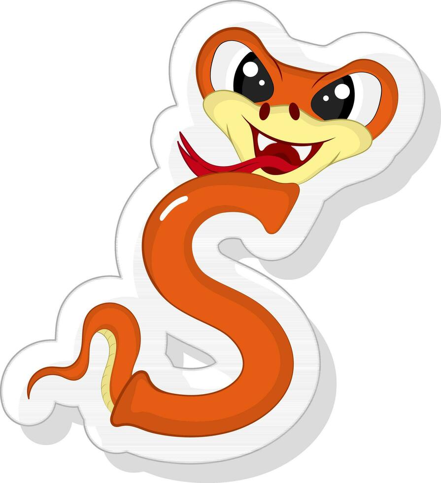 naranja s alfabeto animal dibujos animados serpiente icono en pegatina estilo. vector