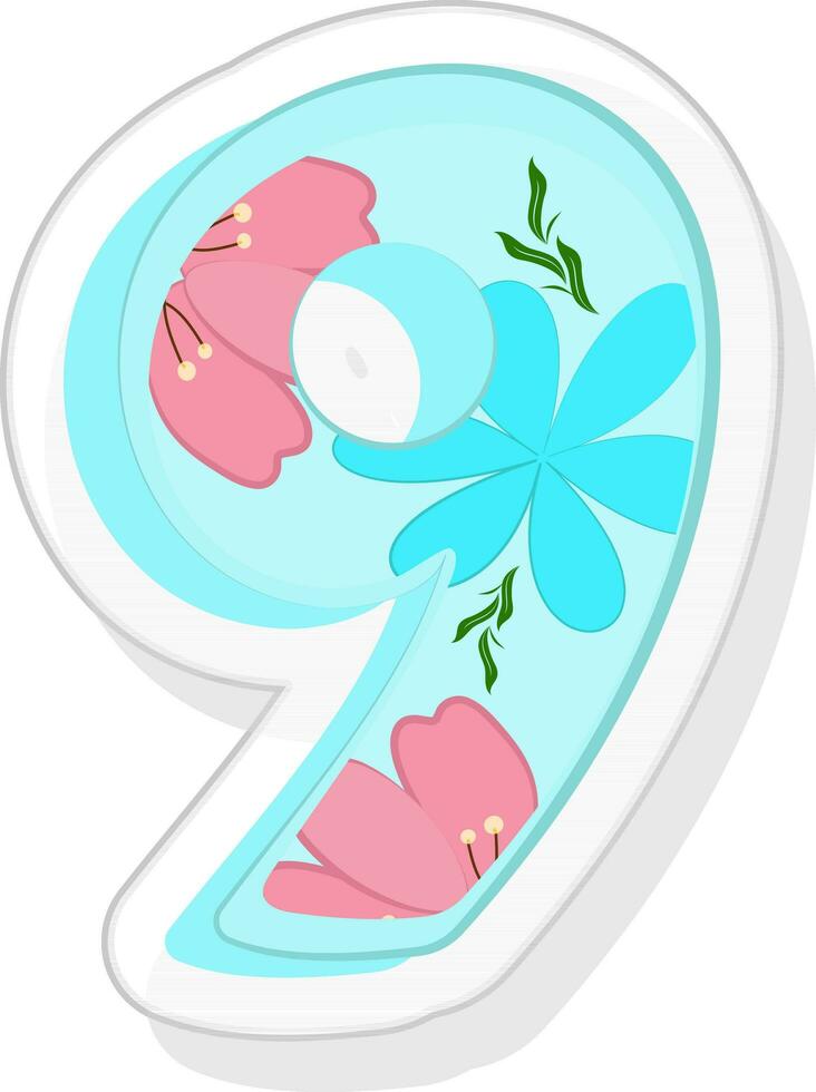 Sticker Style Blue Floral 9 Number Icon Or Symbol. vector