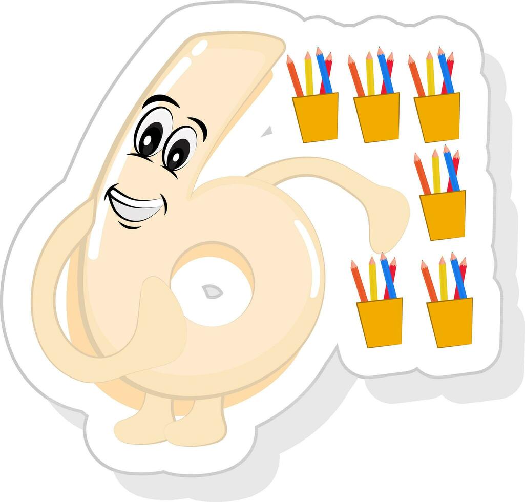 Sticker Style Cute 6 Cartoon Number With Pen Holders Icon Or Symbol. vector