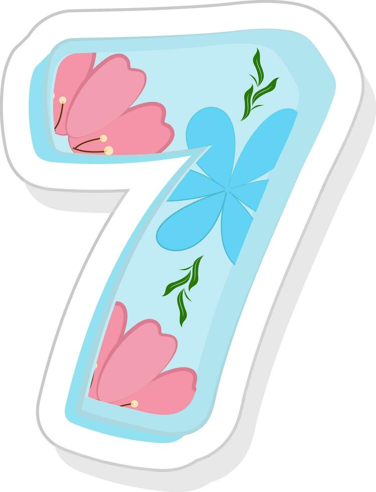 Blue Floral 7 Number Icon In Sticker Style. vector