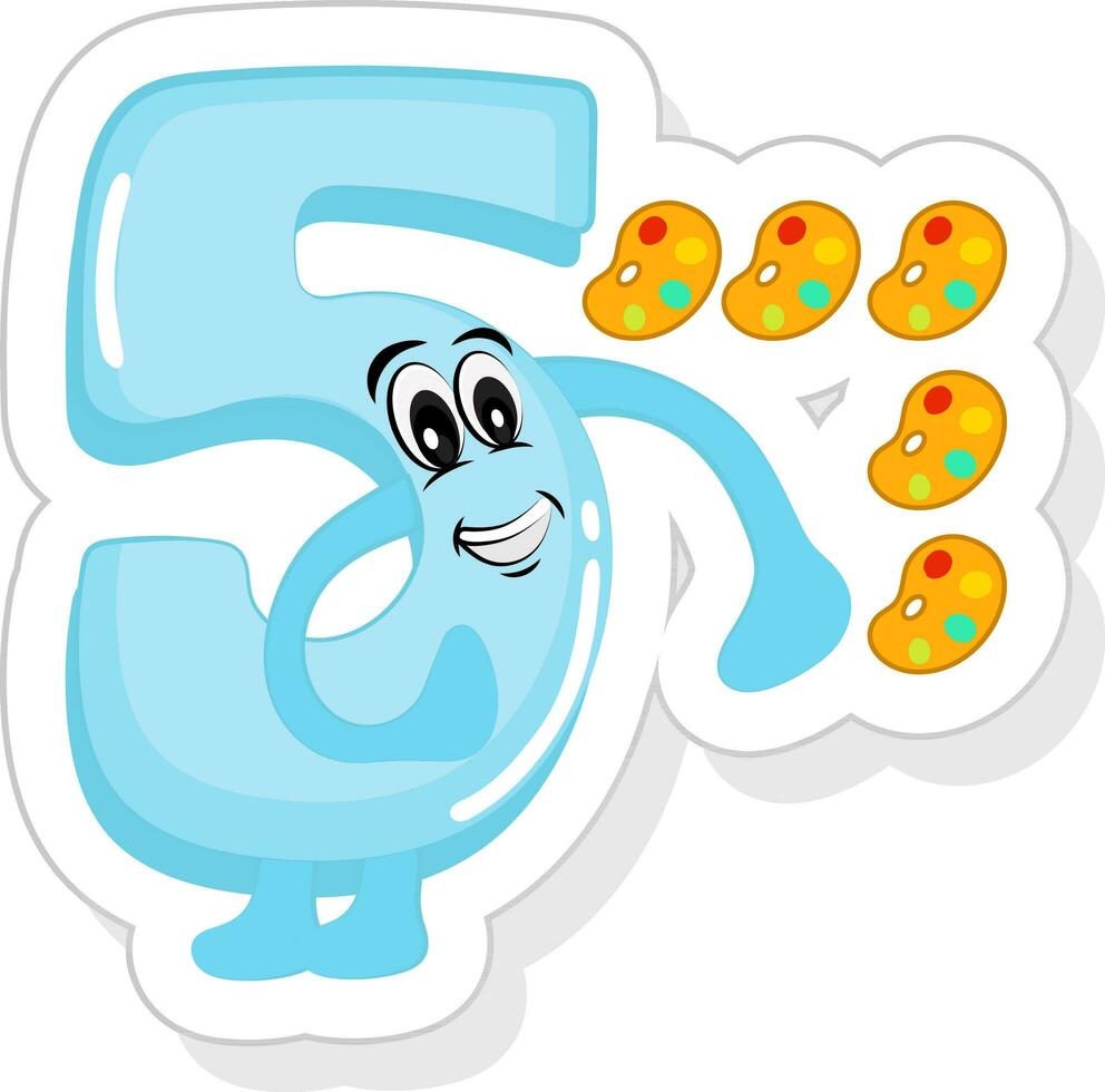 Blue 5 Number Cartoon With Coloring Palette Icon In Sticker Style. vector