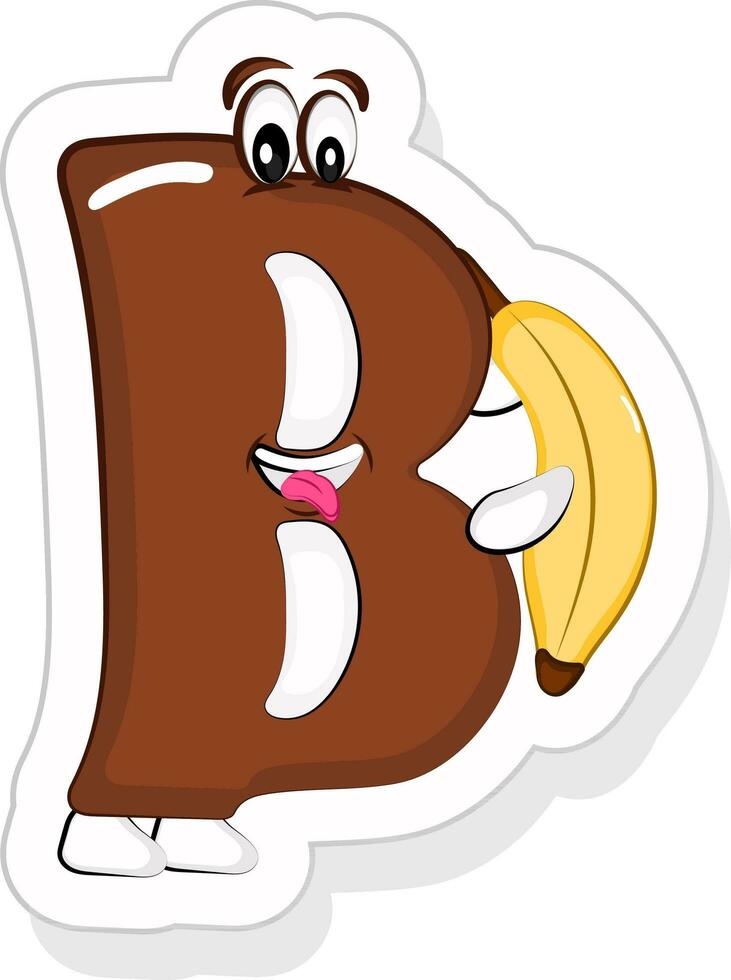 Brown B Alphabet Cartoon Character Holding Banana Icon In Sticker Style. vector