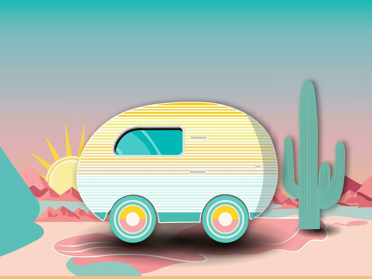 Multicolored Paper Style Camper Van Against Sun Landscape Background. vector
