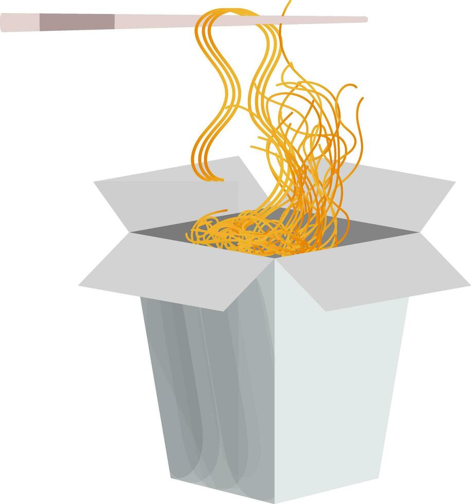 Realistic View Of Chopsticks Holding Noodles From Package Box. vector